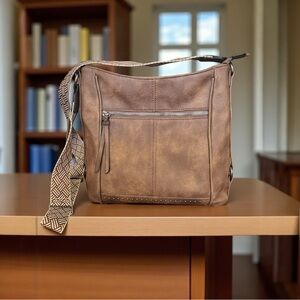 Brown Faux Leather Crossbody / Shoulder Bag with Patterned Adjustable Strap